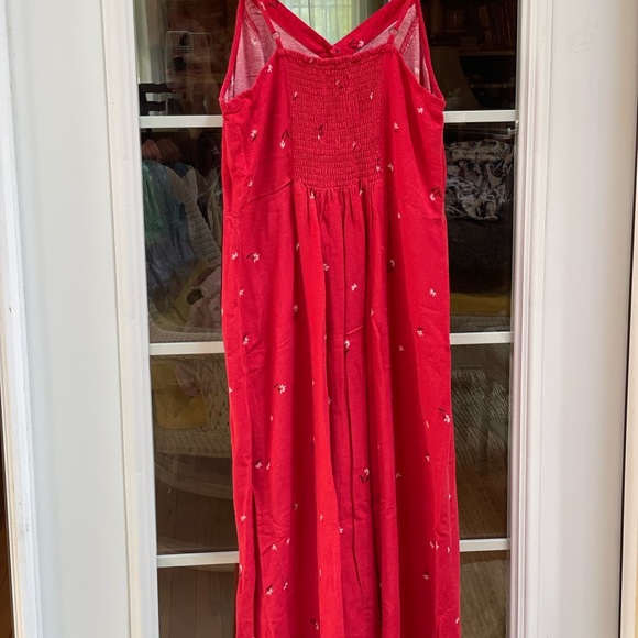 Red spaghetti strap button down dress w/ white flowers Excellent Condition sz L - Picture 2 of 5